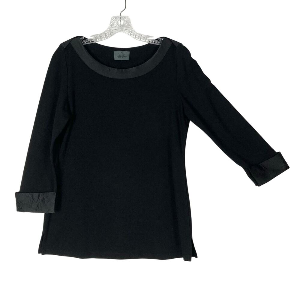 nwot CHANEL Top M Black Logo Embroidery Plaid-Stitch Satin-Boat-Neck&Cuff Sleeve